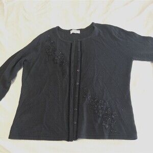 Vintage Women’s Black Sweater Bugle Bead Detail Floral Appliqué  Sz Small-Medium